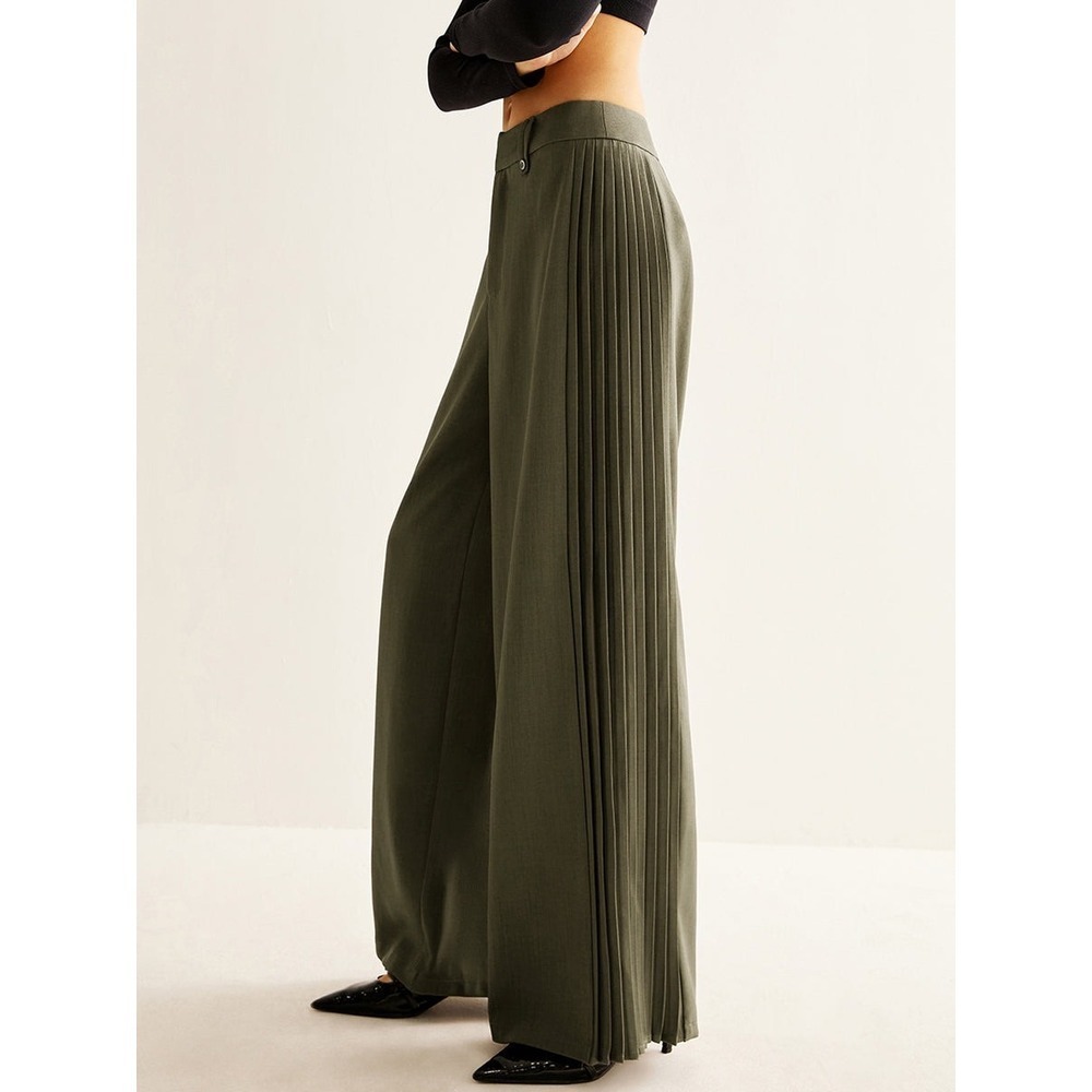 Commense Wide Leg Pleated ArmyGreen Trousers High Waist Palazzo Pants size S - Picture 3 of 15